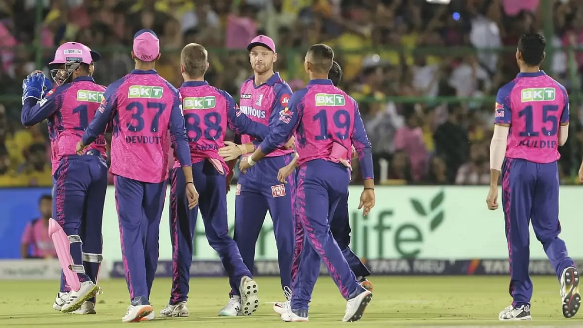 RR players celebrate the wicket of Devon Conway in Jaipur on Thursday.