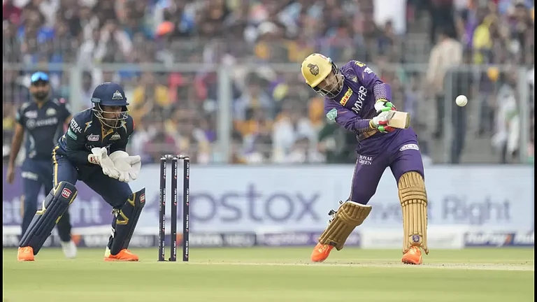 Gurbaz plays a shot during his fiery innings against GT in Kolkata on Saturday. - PTI