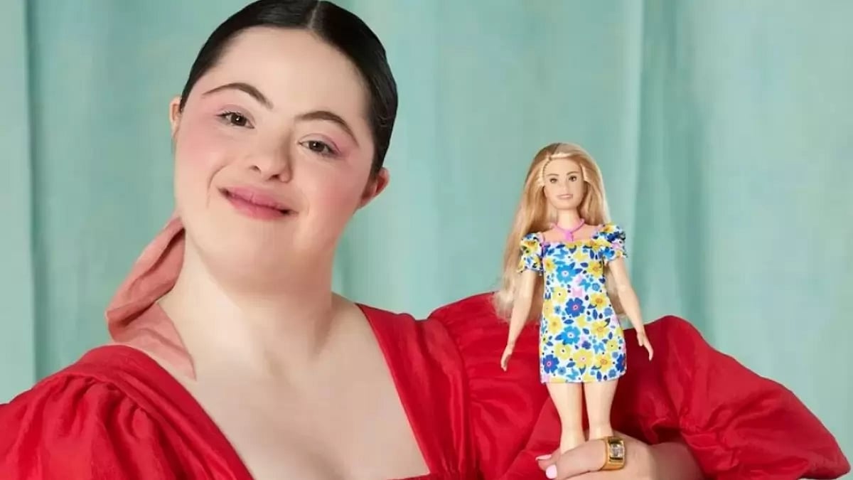 British model Ellie Goldstein holding the new Barbie with Down's syndrome.