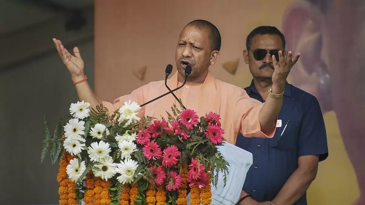 Uttar Pradesh Chief Minister and senior BJP leader Yogi Aditynath addresses during a public meeting ahead of the Uttar Pradesh Municipal elections, in Moradabad.