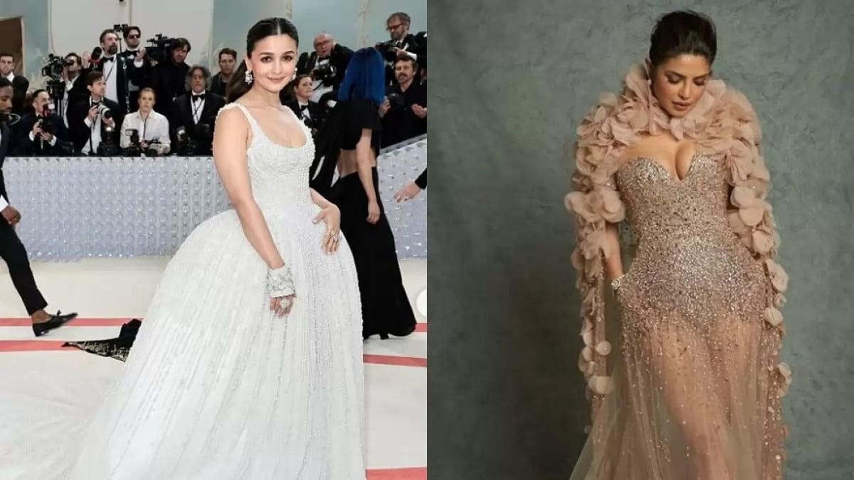 Alia Bhatt at Met Gala 2023 (left) and Priyanka Chopra (rightt) at NMACC