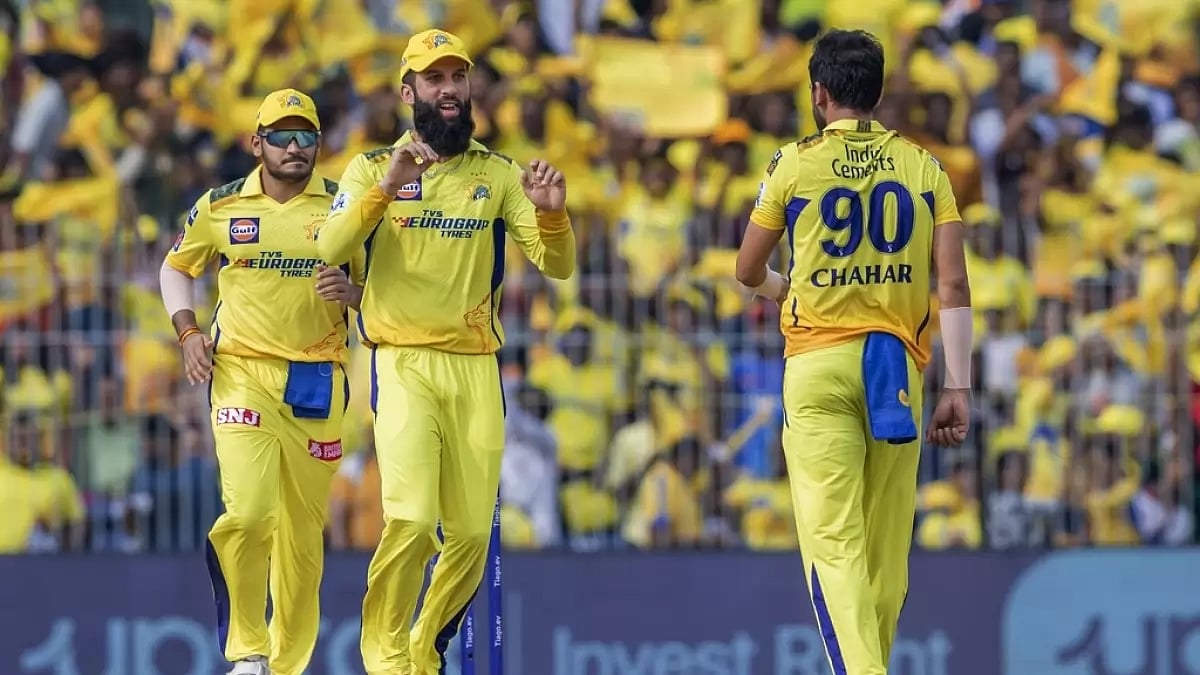 Chahar celebrates the wicket of Ishan Kishan with his team-mates in Chennai on Saturday.