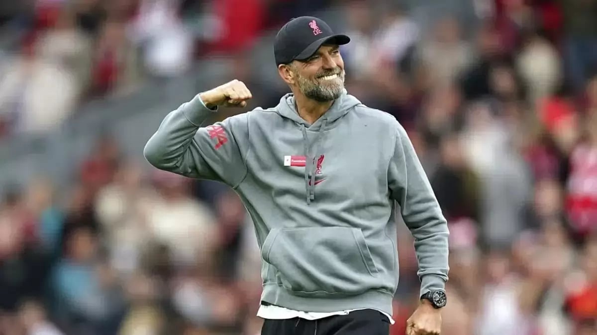 Liverpool manager Jurgen Klopp celebrates his team's win against Brentford in the English Premier League.