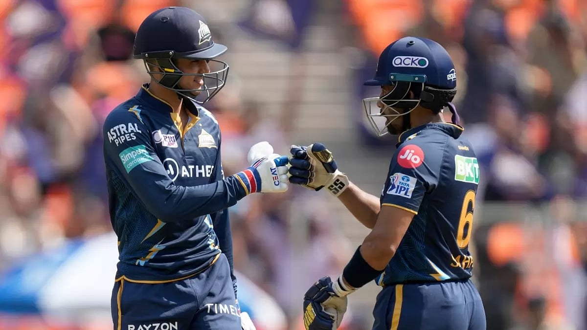 Gill and Saha (R) put up a partnership of 142 runs before Avesh Khan sent back the latter.