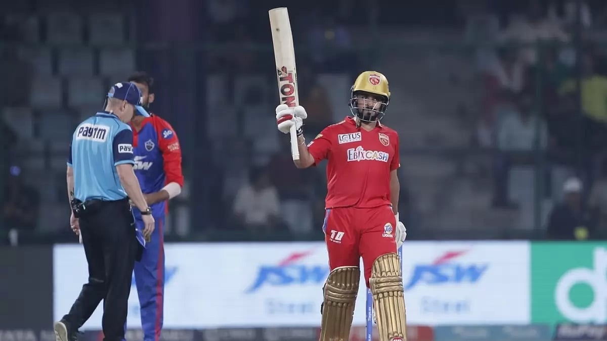 Prabhsimran celebrates after reaching his fifty against DC in New Delhi on Saturday.