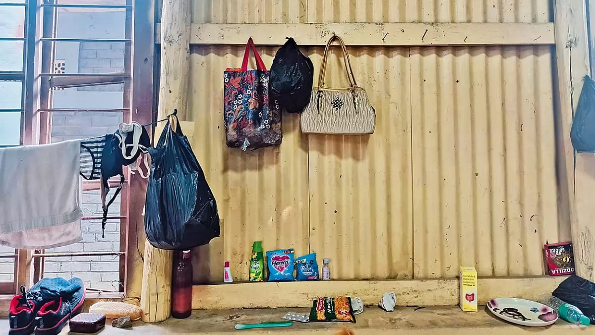 Belongings of women left inside a relief camp