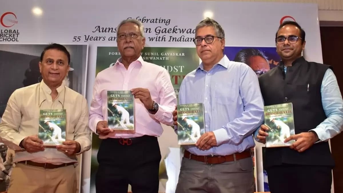 Gavaskar, left, and Gaekwad, second left, at the unveiling of the latter's autobiography.