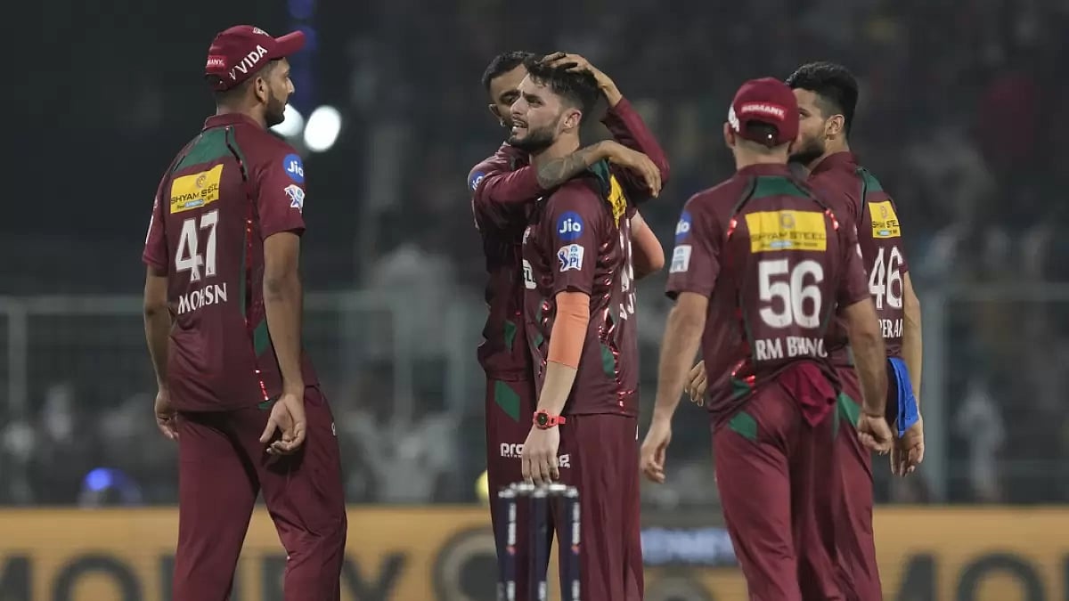 LSG players celebrate the wicket of Sunil Narine in Kolkata on Saturday.