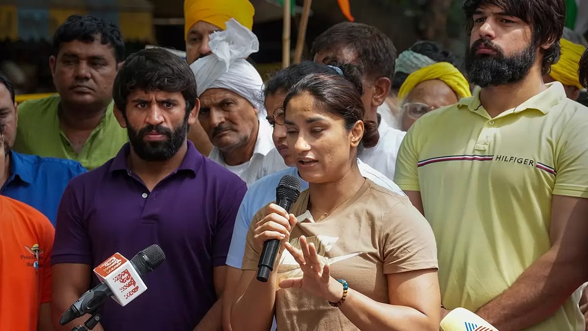 File : Wrestlers Vinesh Phogat and Bajrang Punia speak with the media at Jantar Mantar in New Delhi.