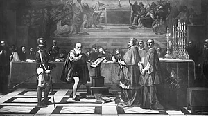 Galileo Galilei (1564-1642), Italian mathematician, astronomer, and physicist, before the Inquisition (ca. 1632). Galileo was put under house arrest, and went blind in 1637. Painting by Robert-Fleury.