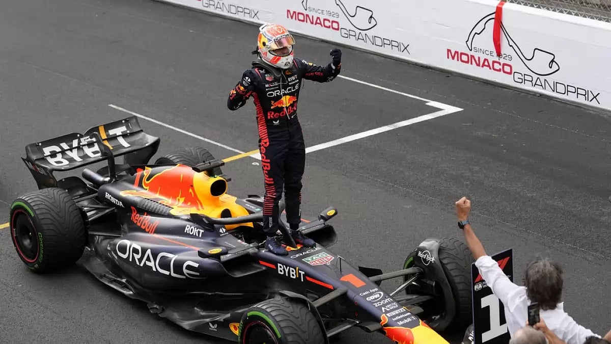 Verstappen celebrates after his victory in Monaco on Sunday.