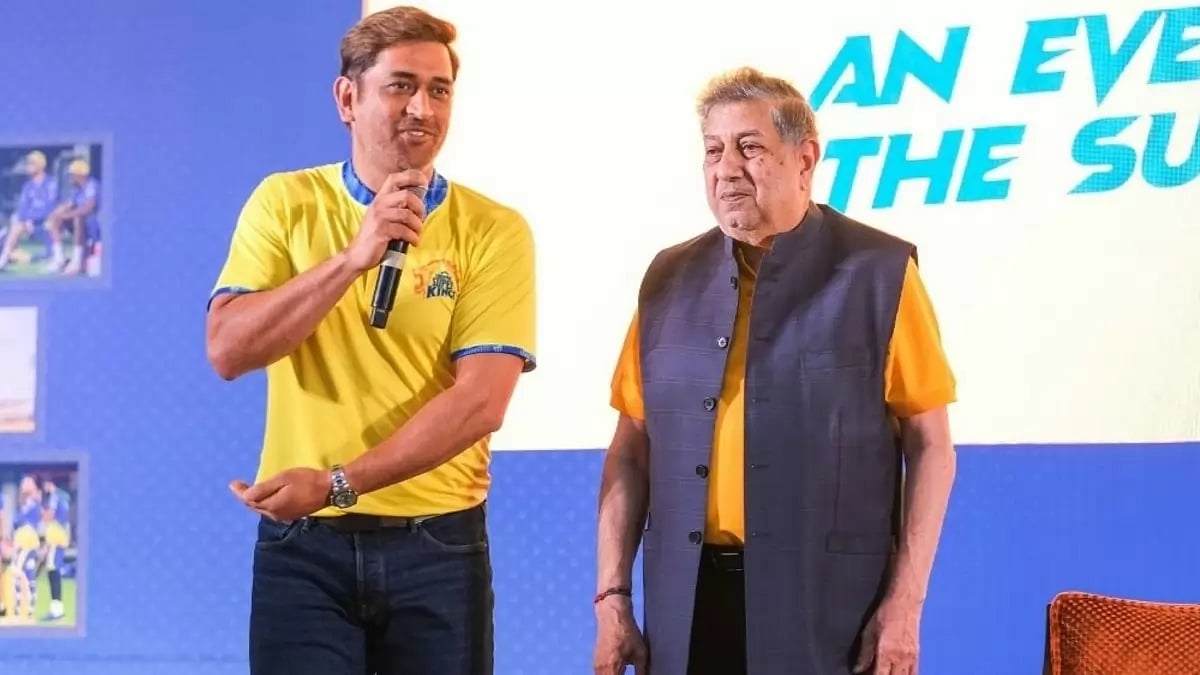 MS Dhoni with N Srinivasan at a CSK event.