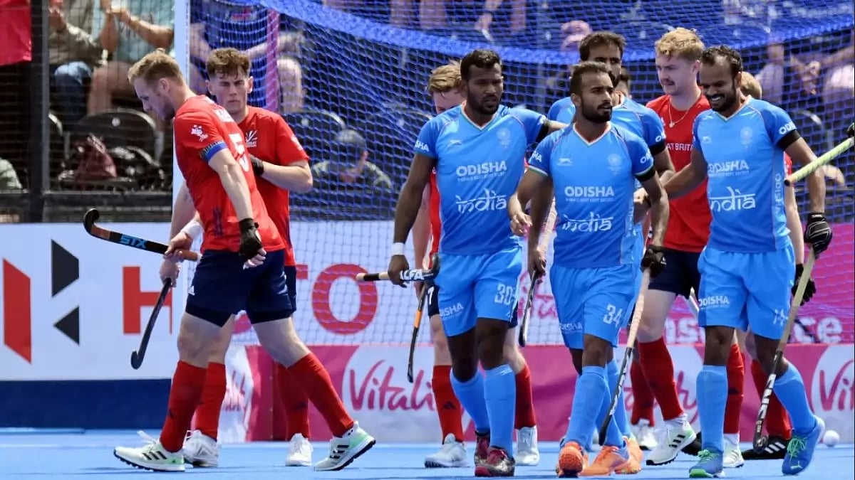 India players celebrate Sukhjeet Singh's goal against Great Britain on Saturday.