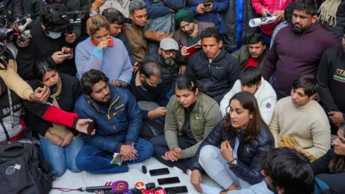 Indian wrestlers staging protest against WFI chief Brij Bhushan Sharan Singh.