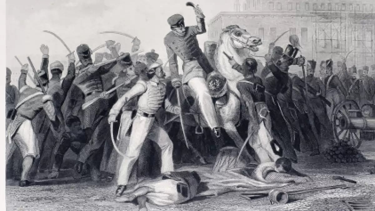 Colonel Finnis of the 11th Native Infantry was killed at the outbreak of the Revolt of 1857 at Meerut. Engraving from 1858, Engraver Unkown Photo by D Walker.