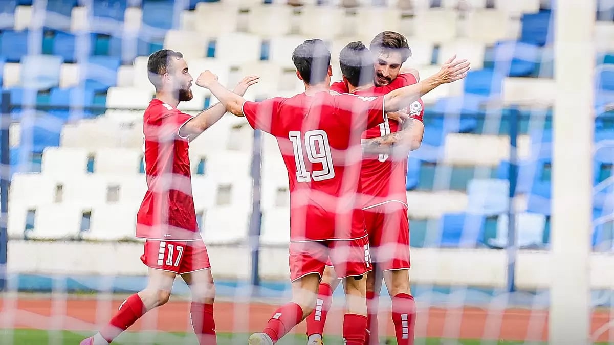 Lebanon players celebrate a goal against Bangladesh in their Group B match on Thursday.