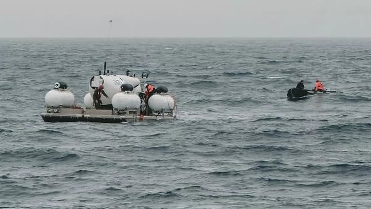 In this photo released by Action Aviation, the submersible Titan is prepared for a dive into a remote area of the Atlantic Ocean on an expedition to the Titanic.  