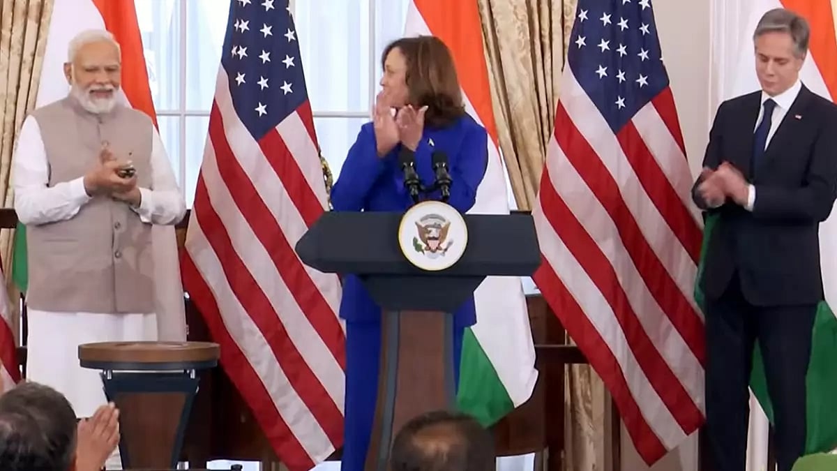 Prime Minister Narendra Modi during a luncheon hosted by US Vice-President Kamala Harris (C) and Sec