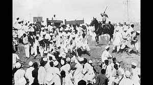 a Panjabi mounted on his horse as he charges raiders of salt works in India