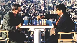 Kasparov and Anand play chess on top of the World Trade Center in New York in 1995.