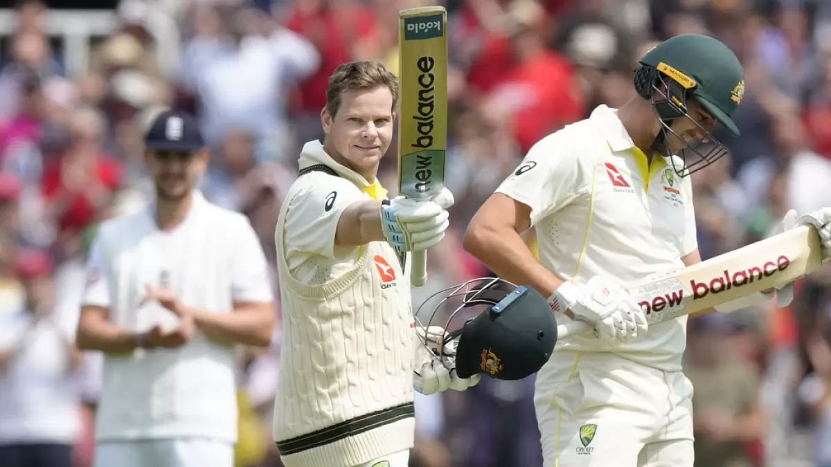 Smith celebrates his hundred against England at Lord's on Thursday.