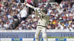Lyon bats on Day 4 of the 2nd Test against England at Lord's on Saturday.
