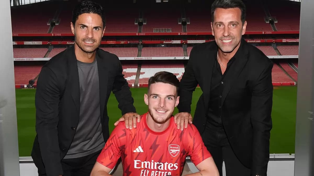 Declan Rice with Arsenal boss Mikel Arteta (left) and Sporting Director Edu (right)