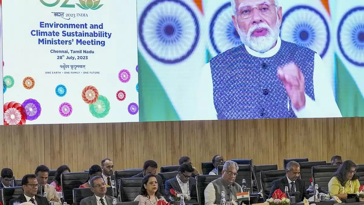 Prime Minister Narendra Modi digitally addresses the G20 Environment and Climate Sustainability Mini