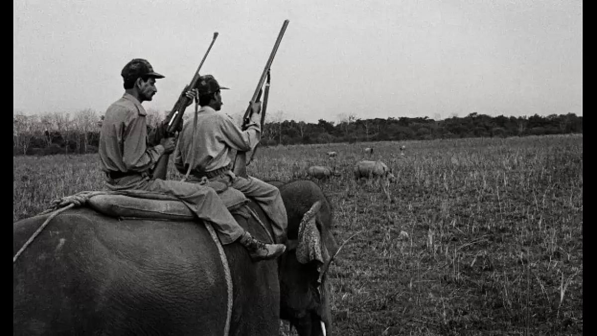 Armed rangers on elephant patrol in Pabitora wildlife sanctuary in Northeast India.