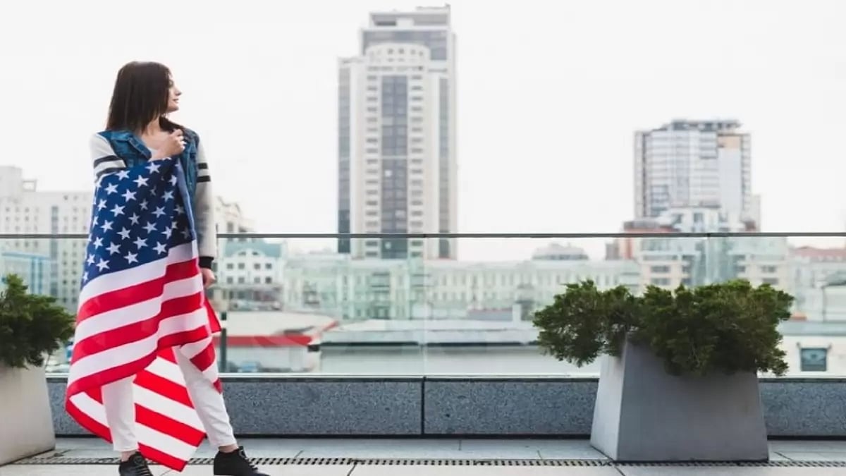  A woman with American Flag 