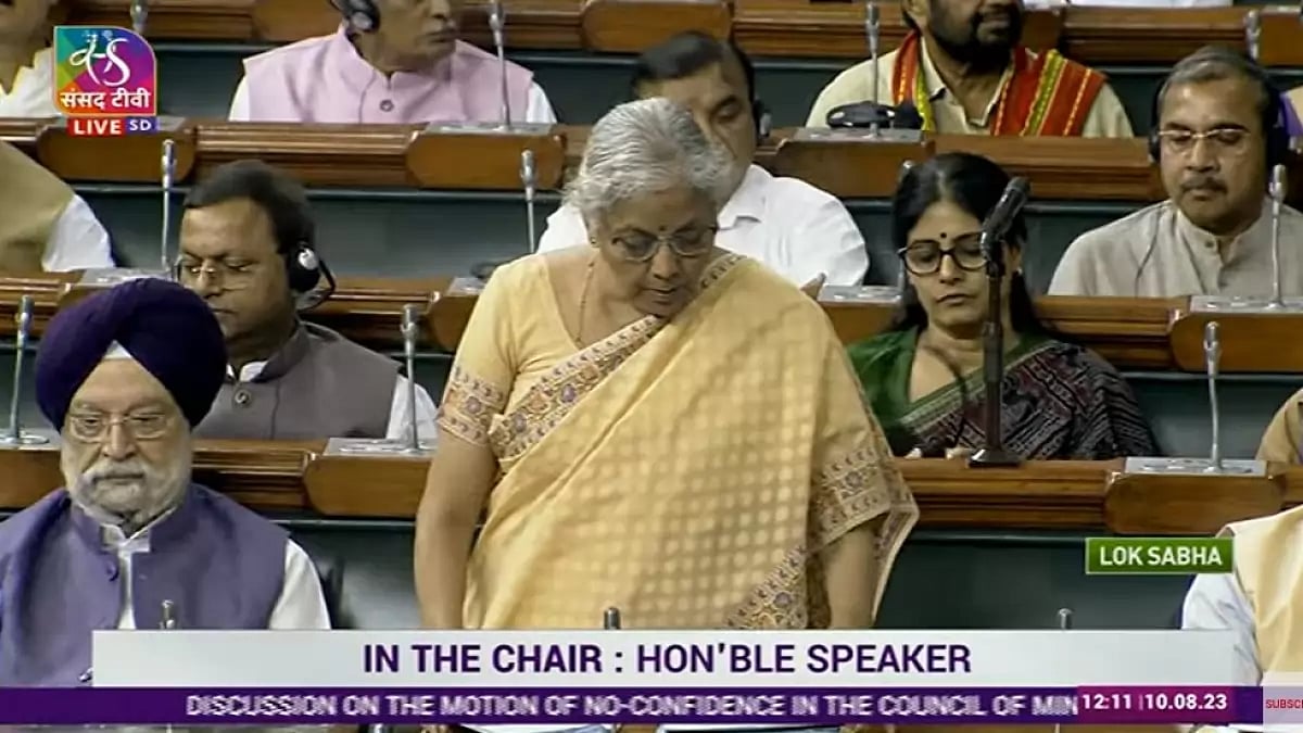 Union Finance minister Nirmala Sitharaman speaks during no-confidence motion debate in the Lok Sabha