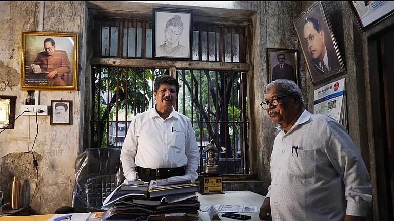 J.V. Pawar with BR Ambedkar's grandson at Ambedkar Bhavan, Mumbai - null