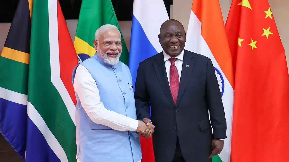 PM Modi with South African  President Matamela Cyril Ramaphosa on Tuesday