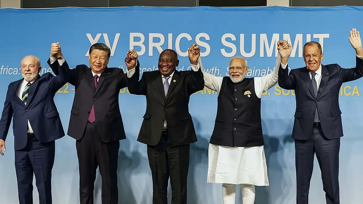 Leaders of the BRICS countries pose for a group photo during the 2023 BRICS Summit at Johannesburg, South Africa.