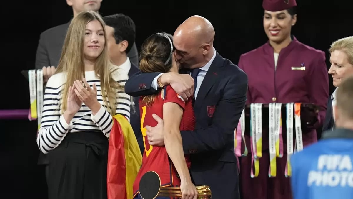 Luis Rubiales seen here kissing Hermoso during the Women's WC trophy presentation.