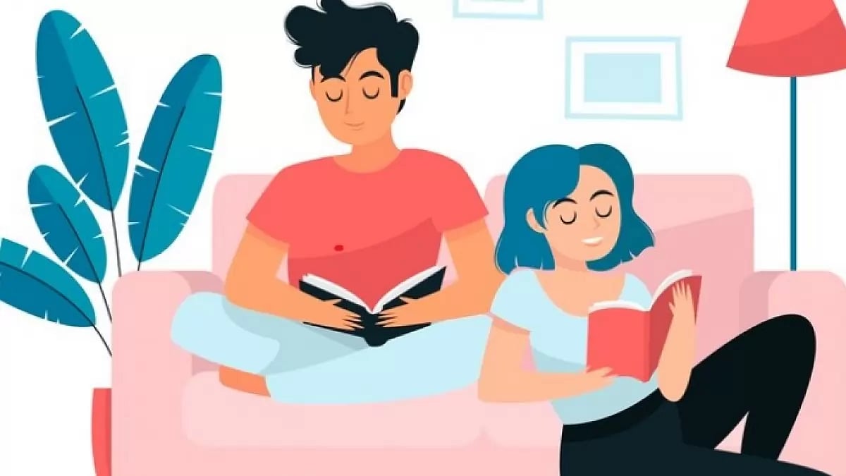 A couple reading books together.