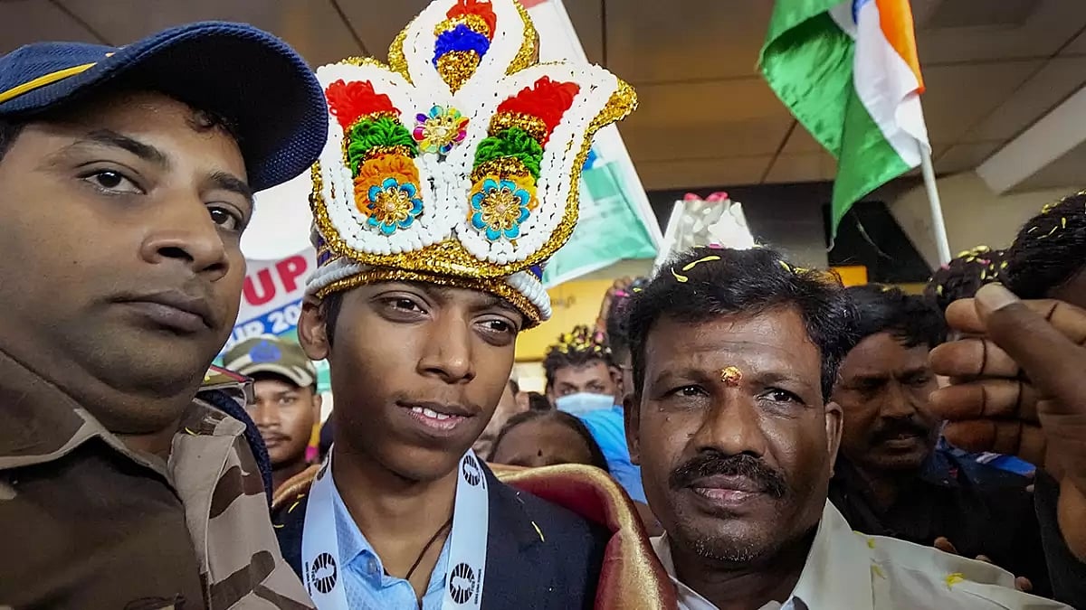 R Praggnanandhaa (c) pictured at the Chennai airport 