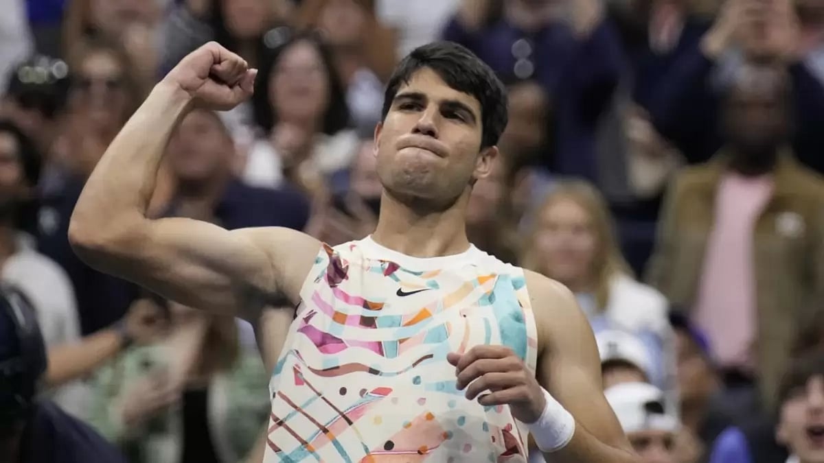 Carlos Alcaraz reacts after winning the match at US Open 2023.