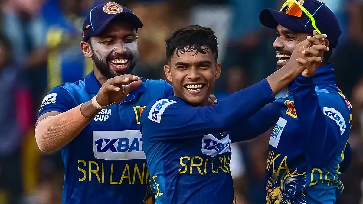 Dunith Wellalage (C) celebrates an Indian wicket with teammates on Tuesday