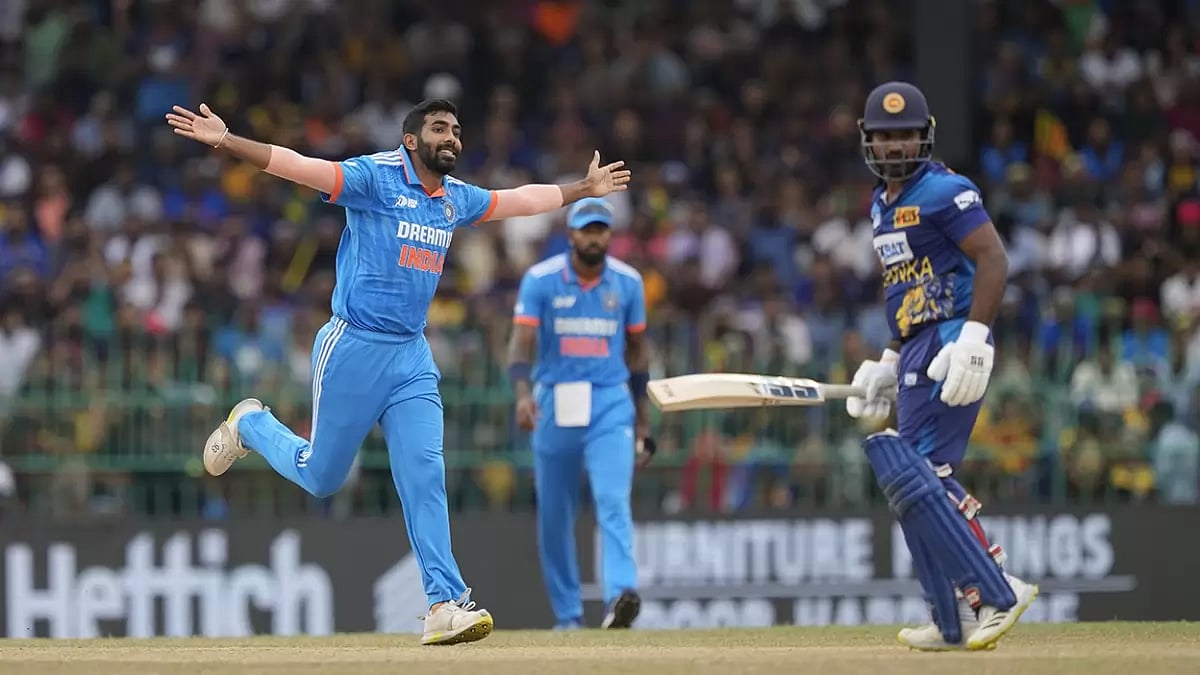 India's Jasprit Bumrah celebrates the wicket of Sri Lanka's Kusal Perera
