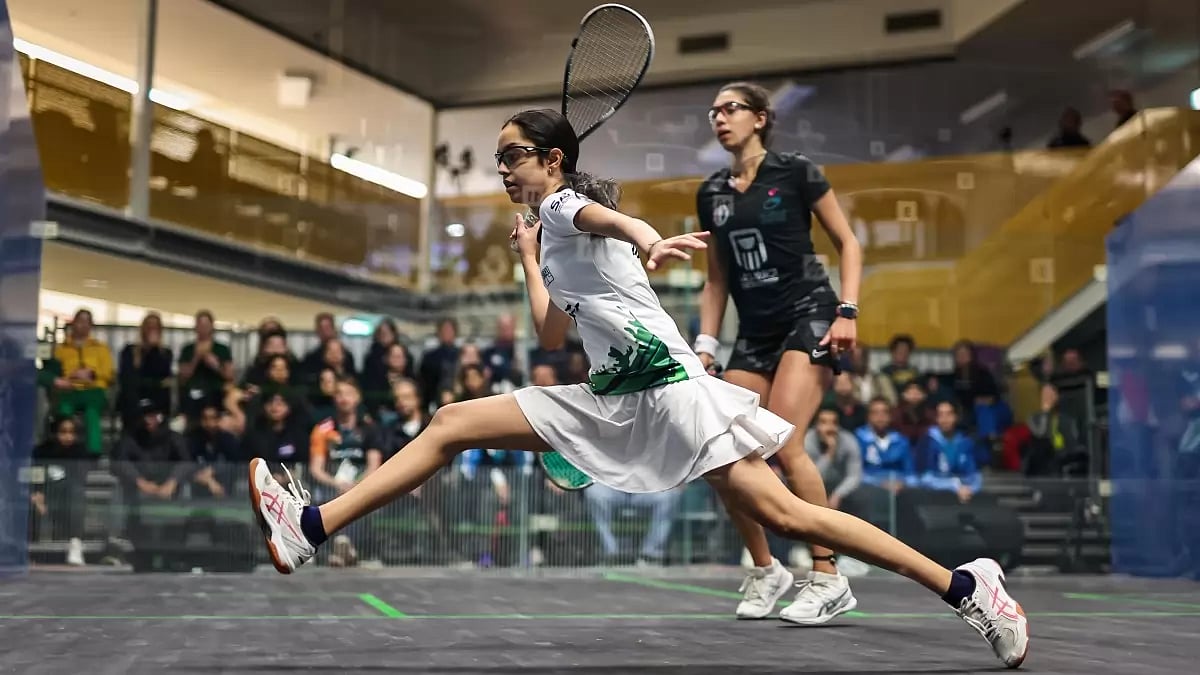 Anahat Singh (left) in action at the World Junior Squash Championships in Melbourne in July 2023