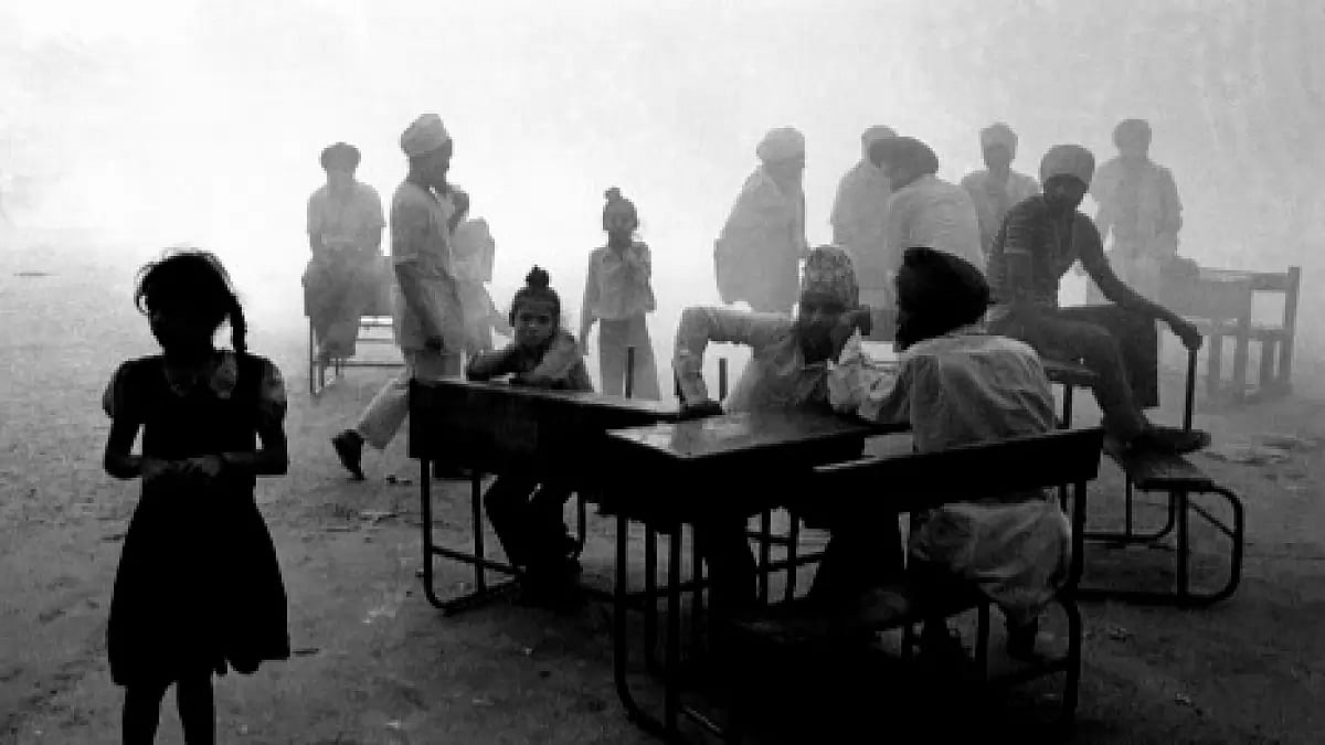 Sikh refugees gather at a New Delhi school, seeking shelter following assassination of Indira Gandhi - null