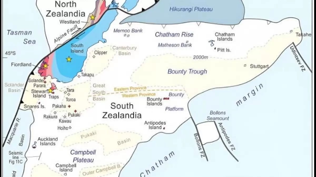 Newly made map of the continent of Zealandia.