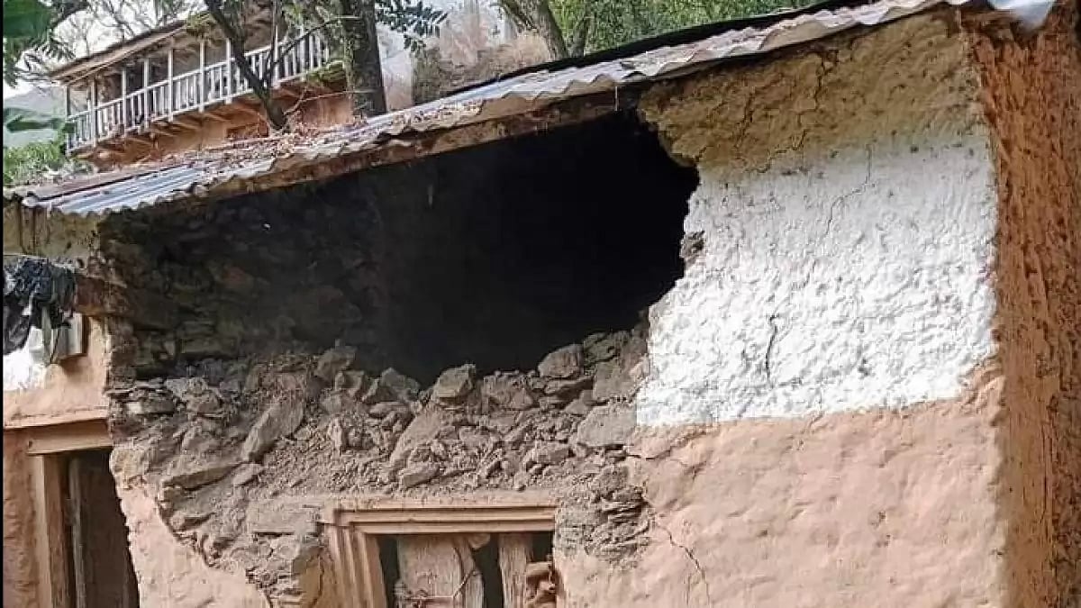 A house damaged by an earthquake in Nepal today 