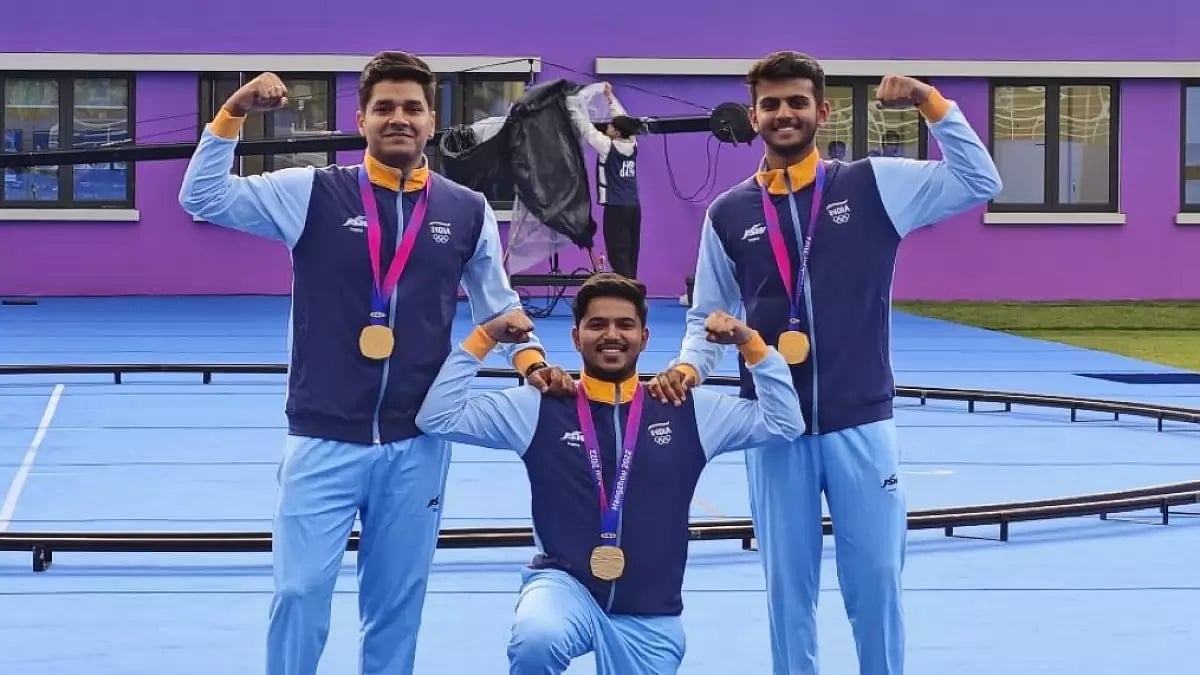 The victorious Indian men's compound archery team in Hangzhou.