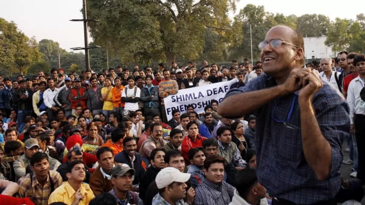 Deaf association members protest at India Gate for acceptance of sign language as official language