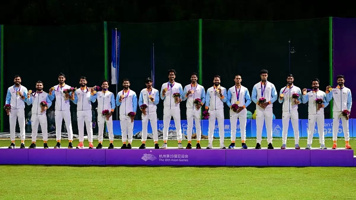 Indian Men's Cricket team after winning Gold medal in Asian Games 2023 at Hangzhou