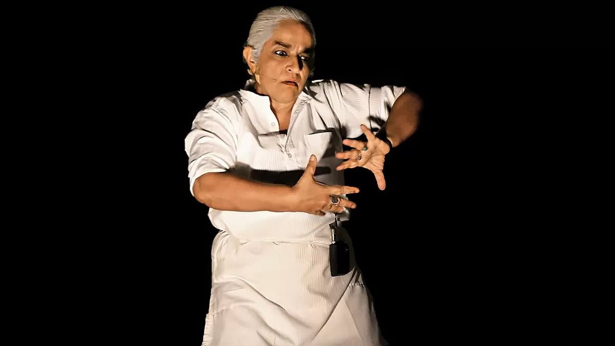 Theatre artist Maya Krisha Rao during a solo act performance at IIC Delhi
