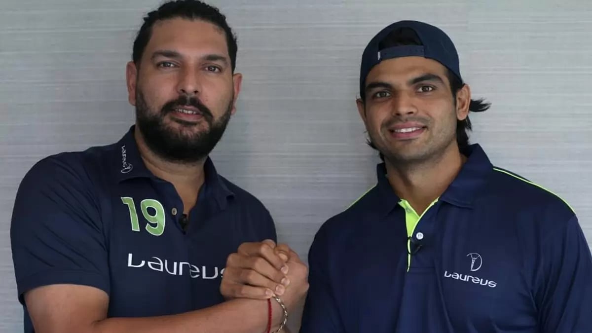Yuvraj Singh with javelin world champion Neeraj Chopra (right)
