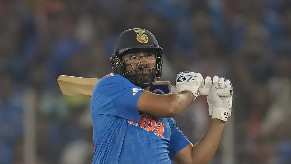 Rohit Sharma hitting a big one in Ahmedabad on Saturday.